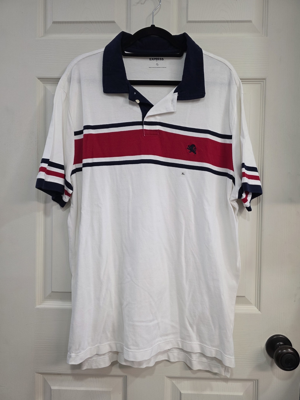 Express Men's White Polo with Red & Navy Stripes NEW WITH TAGS